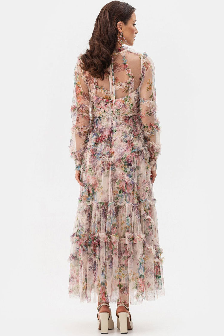 Women's Maxi Dress Apricot Tulle Floral Elegant 2