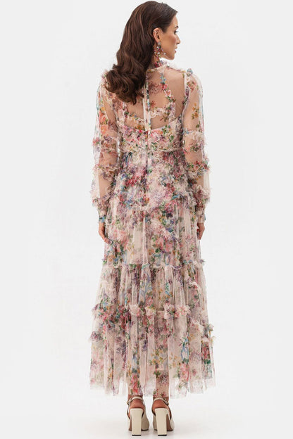 Women's Maxi Dress Apricot Tulle Floral Elegant 2