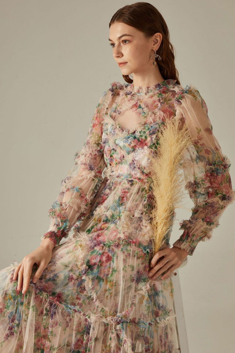 Women's Maxi Dress Apricot Tulle Floral Elegant 3