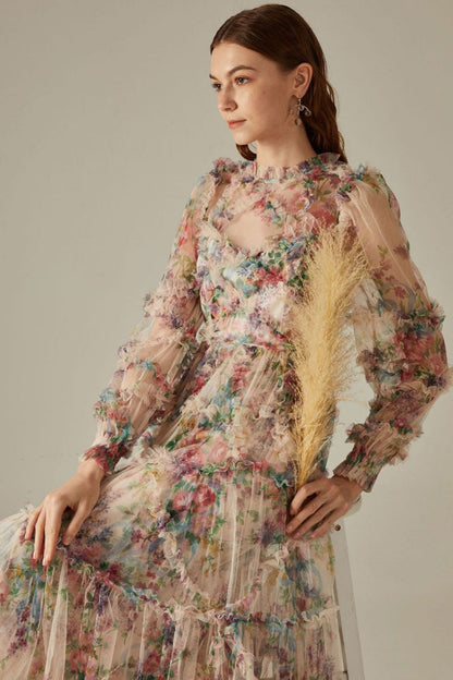 Women's Maxi Dress Apricot Tulle Floral Elegant 3