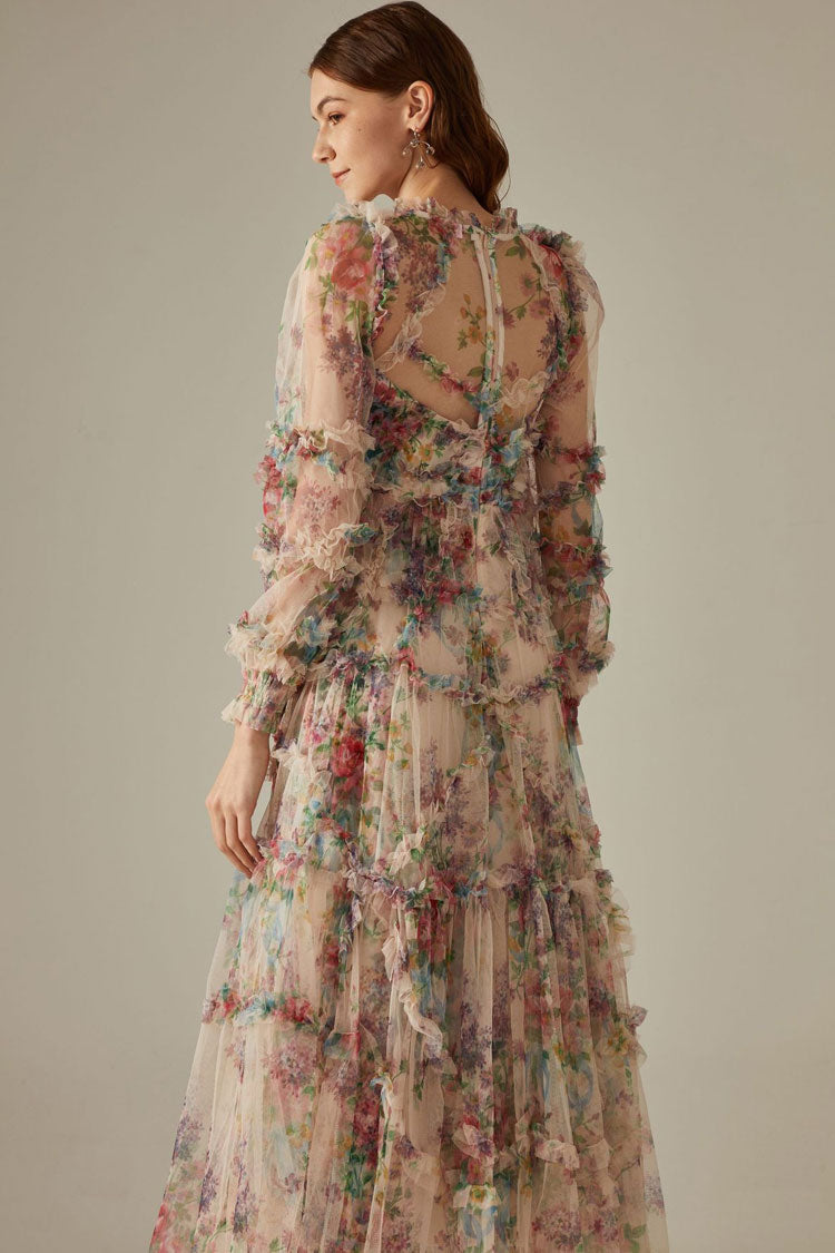 Women's Maxi Dress Apricot Tulle Floral Elegant 4