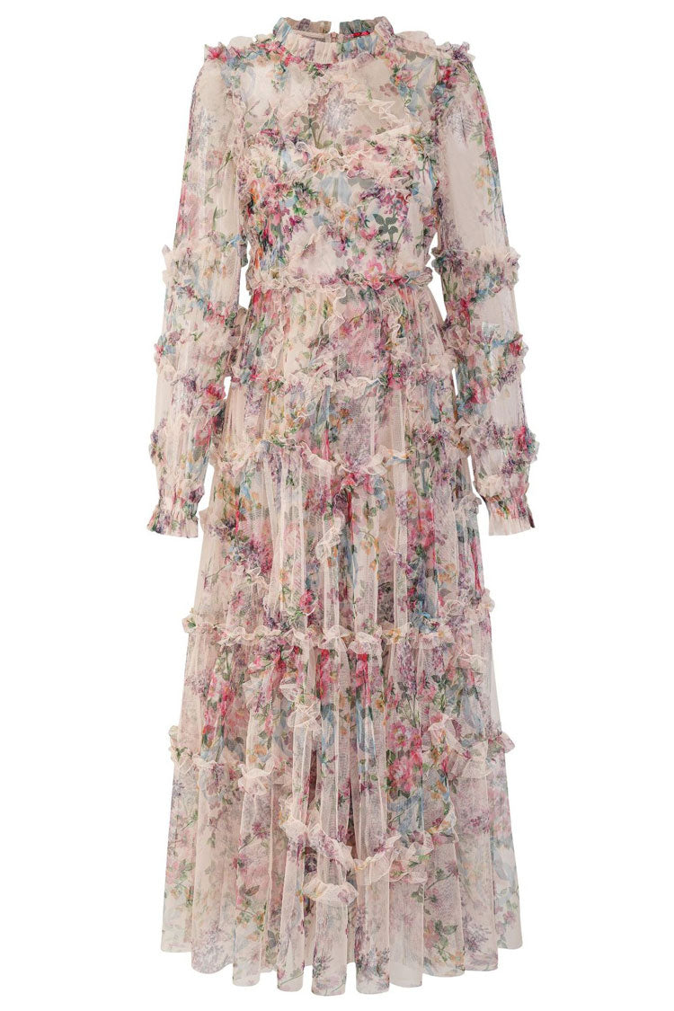 Women's Maxi Dress Apricot Tulle Floral Elegant 6