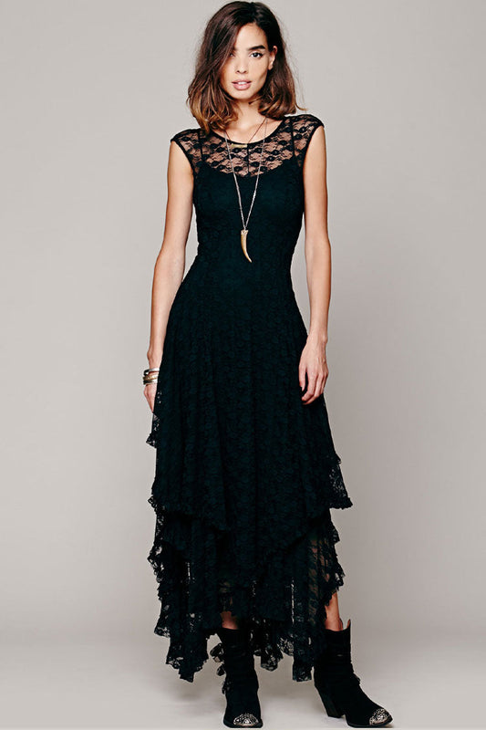 Women's Maxi Dress Black Lace Asymmetric Ruffle 0