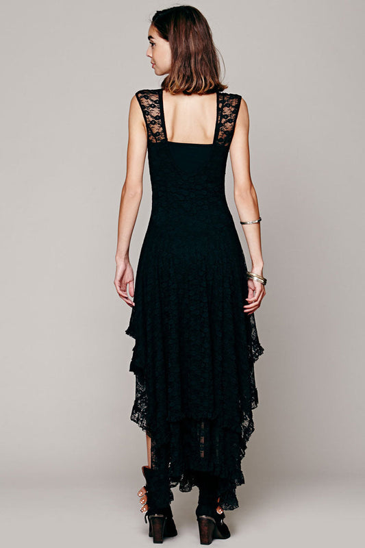 Women's Maxi Dress Black Lace Asymmetric Ruffle 1
