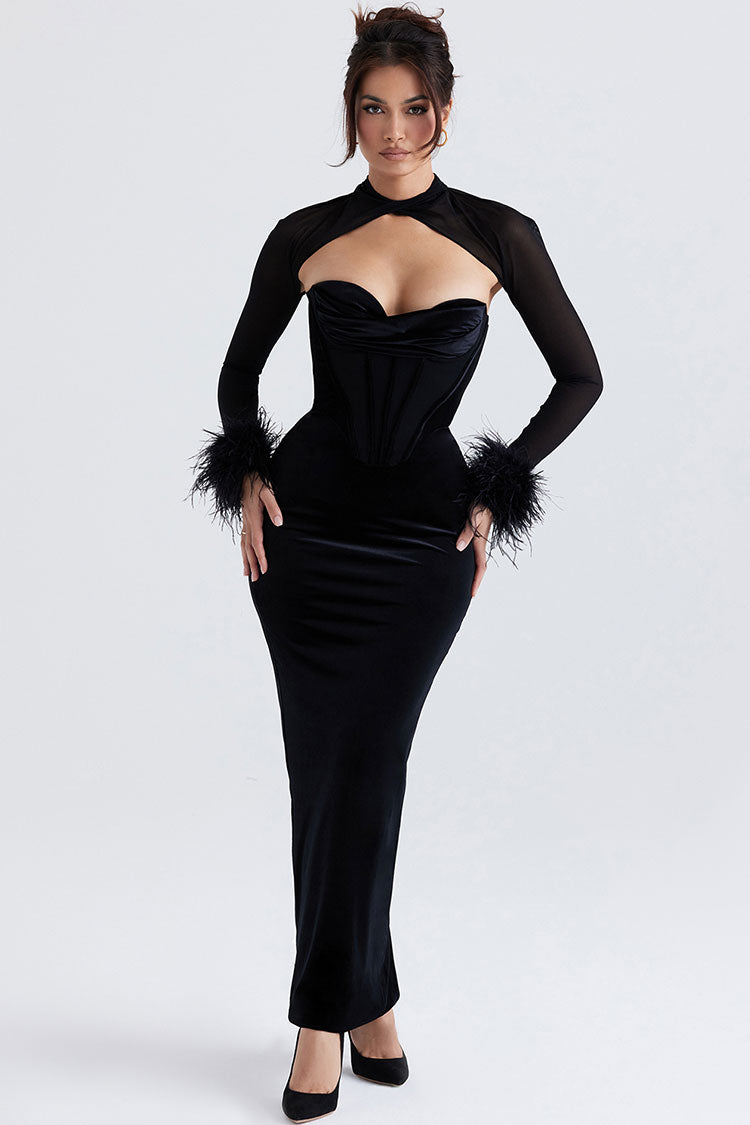 Women's Maxi Dress Black Velvet Strapless Corset 2