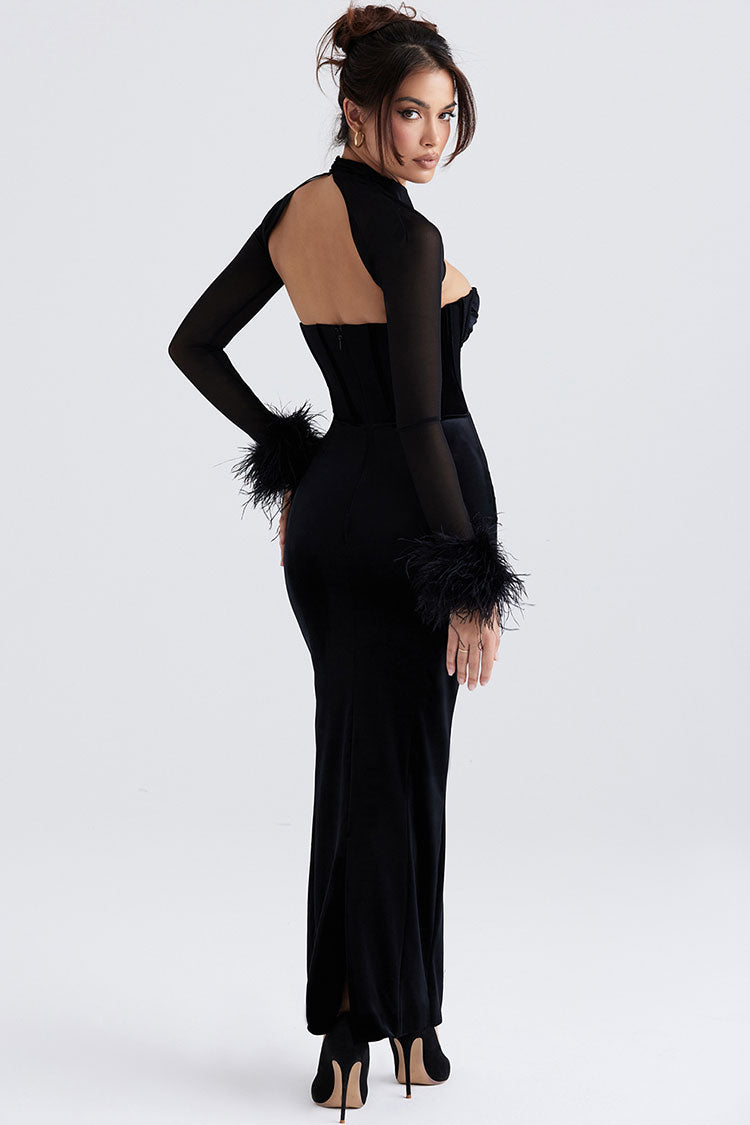 Women's Maxi Dress Black Velvet Strapless Corset 3