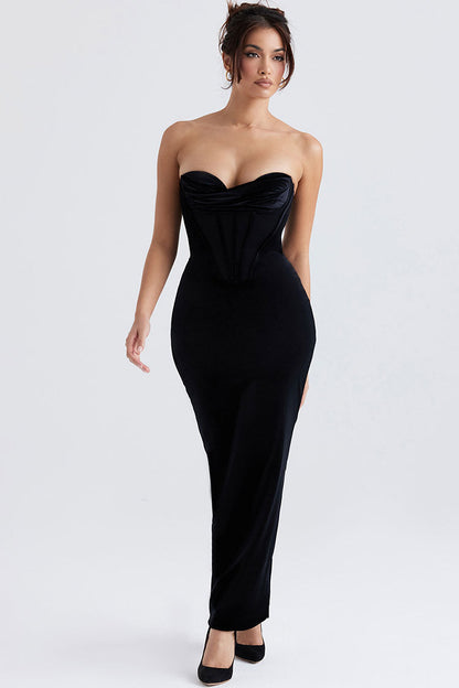 Women's Maxi Dress Black Velvet Strapless Corset 4