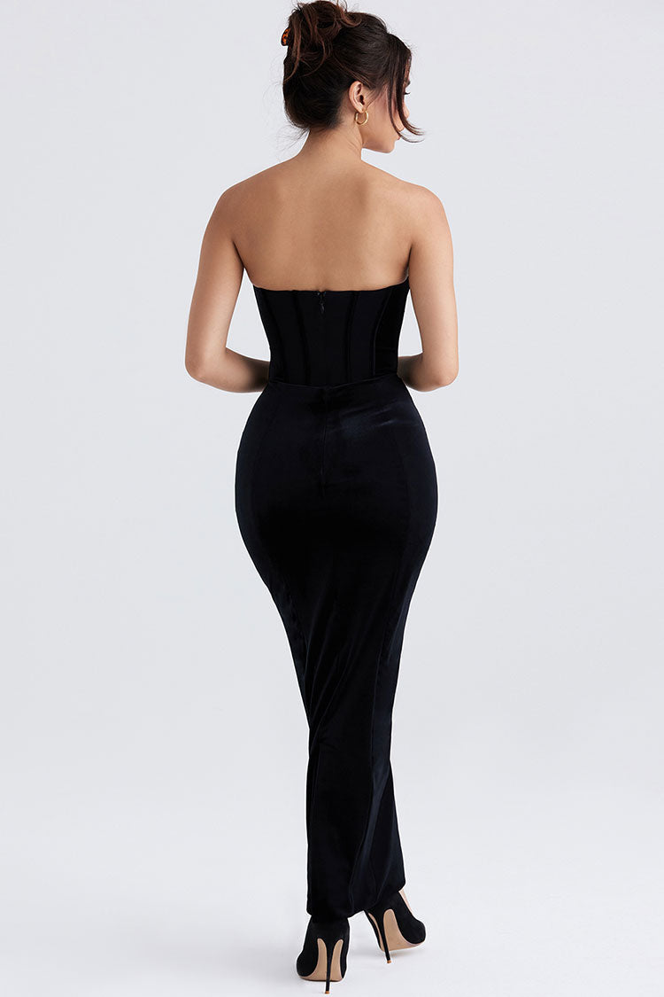 Women's Maxi Dress Black Velvet Strapless Corset 5