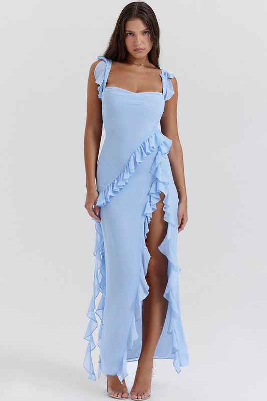 Women's Maxi Dress Blue Cotton Ruffle Summer Dresses 0