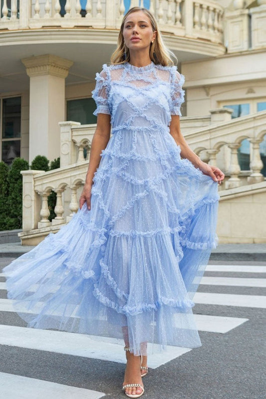 Women's Maxi Dress Blue Dotted Tulle Ruffle 0