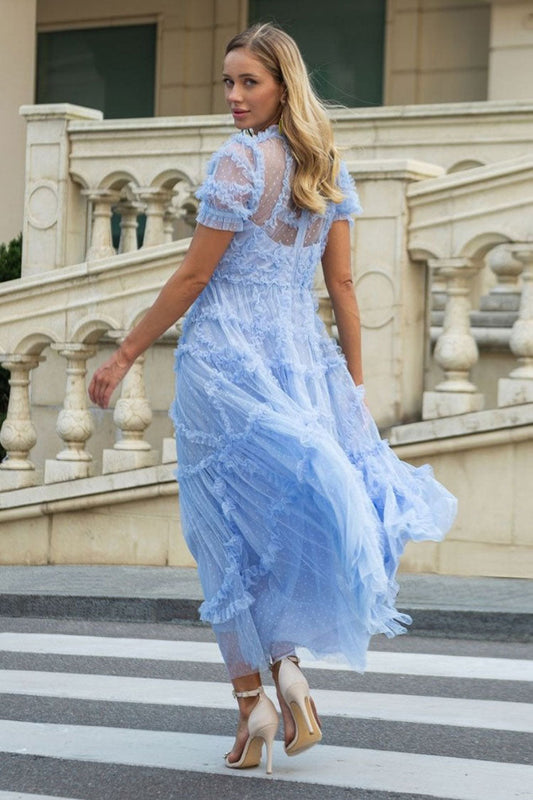 Women's Maxi Dress Blue Dotted Tulle Ruffle 1