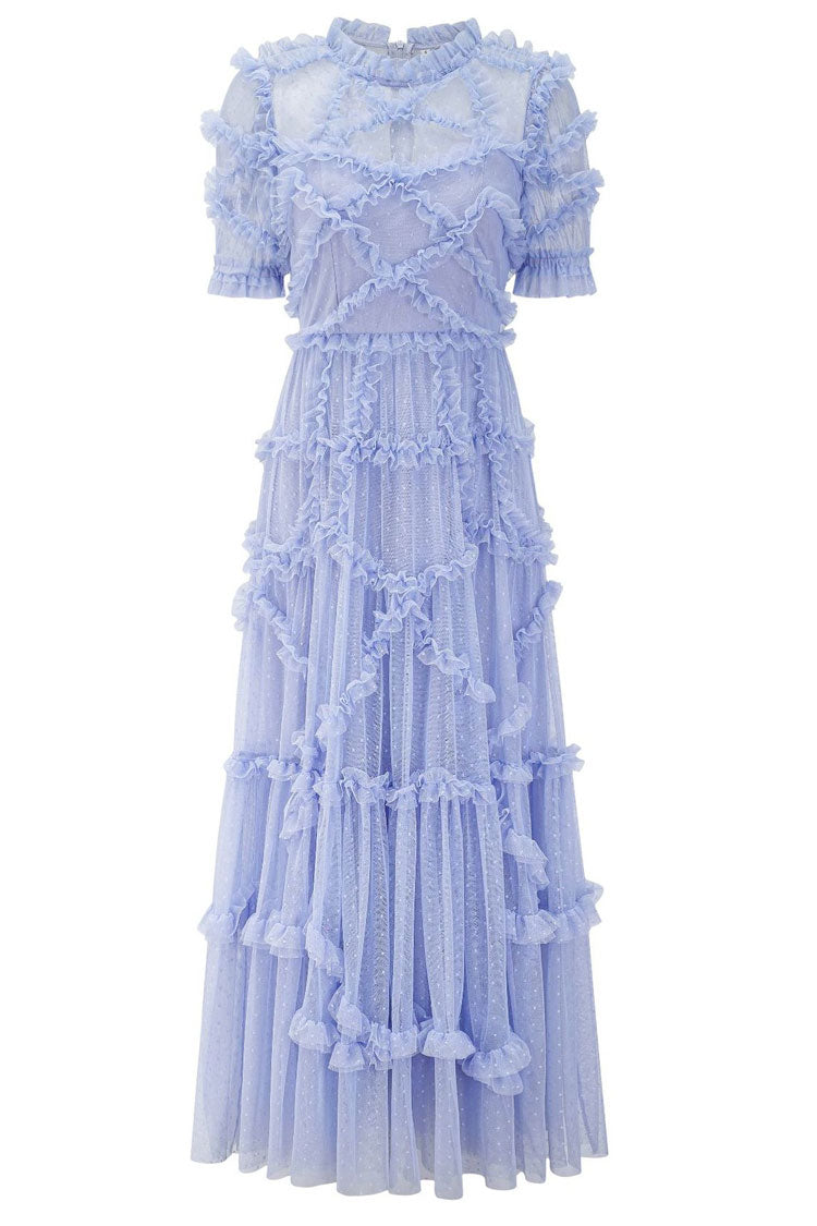 Women's Maxi Dress Blue Dotted Tulle Ruffle 2