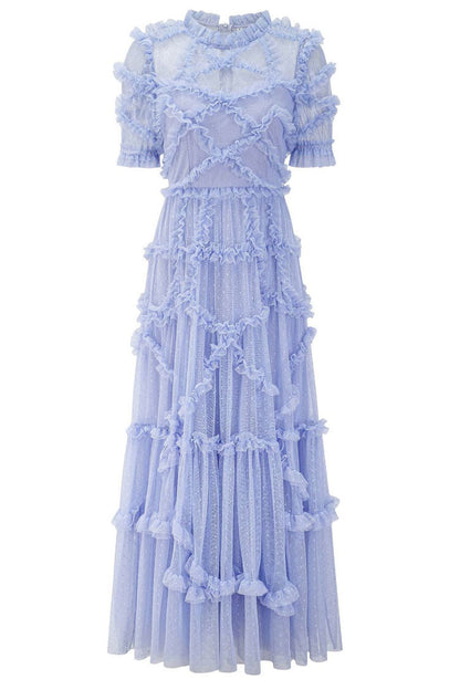 Women's Maxi Dress Blue Dotted Tulle Ruffle 2