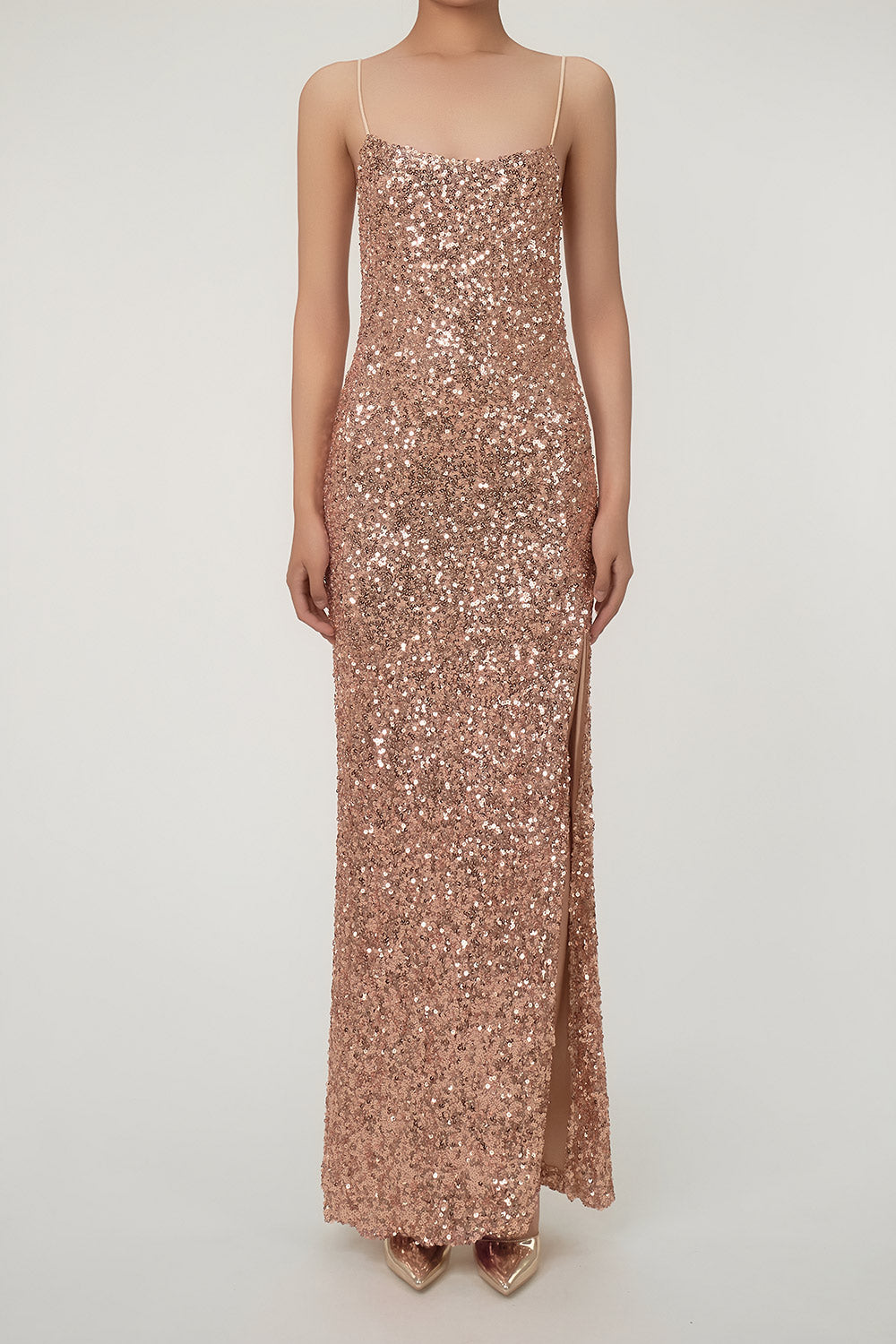 Women's Maxi Dress Bronze Gold Sequin Polyester with Thigh-High Split 0