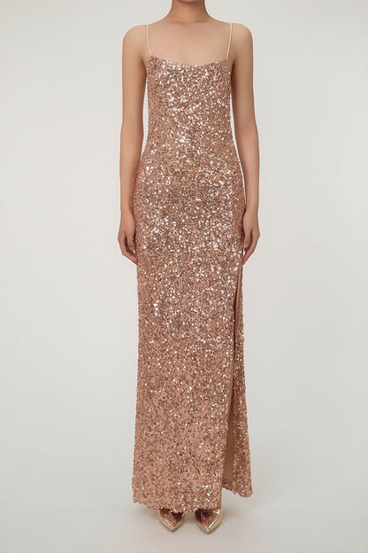 Women's Maxi Dress Bronze Gold Sequin Polyester with Thigh-High Split 0