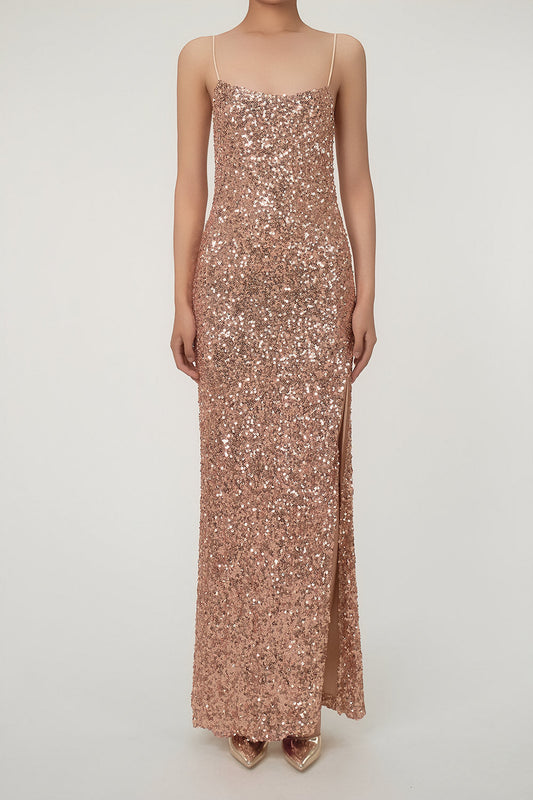 Women's Maxi Dress Bronze Gold Sequin Polyester with Thigh-High Split 0