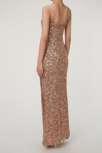 Women's Maxi Dress Bronze Gold Sequin Polyester with Thigh-High Split 2