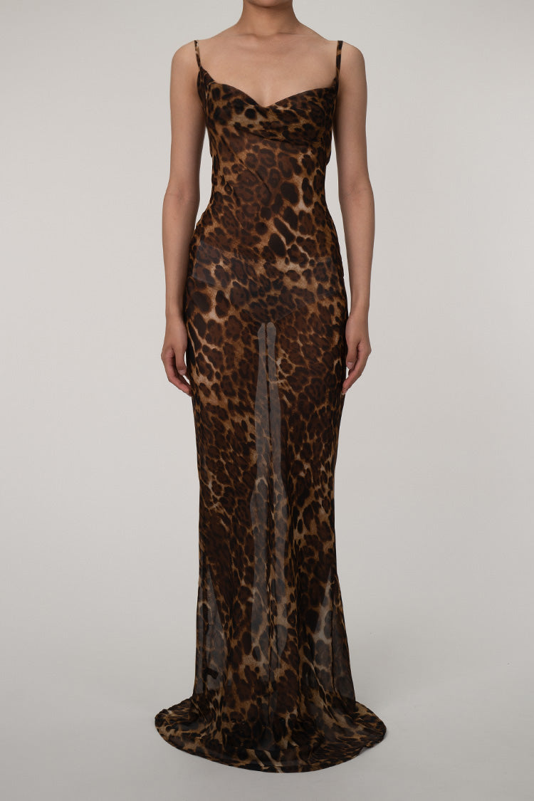 Women's Maxi Dress Coffee Chiffon Leopard Print 0
