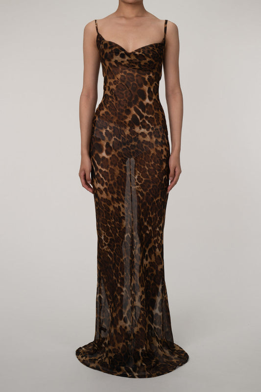 Women's Maxi Dress Coffee Chiffon Leopard Print 0