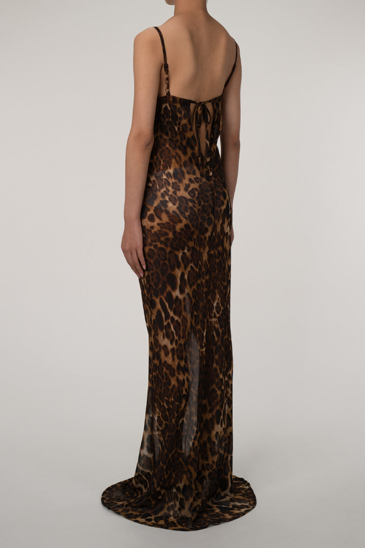 Women's Maxi Dress Coffee Chiffon Leopard Print 2