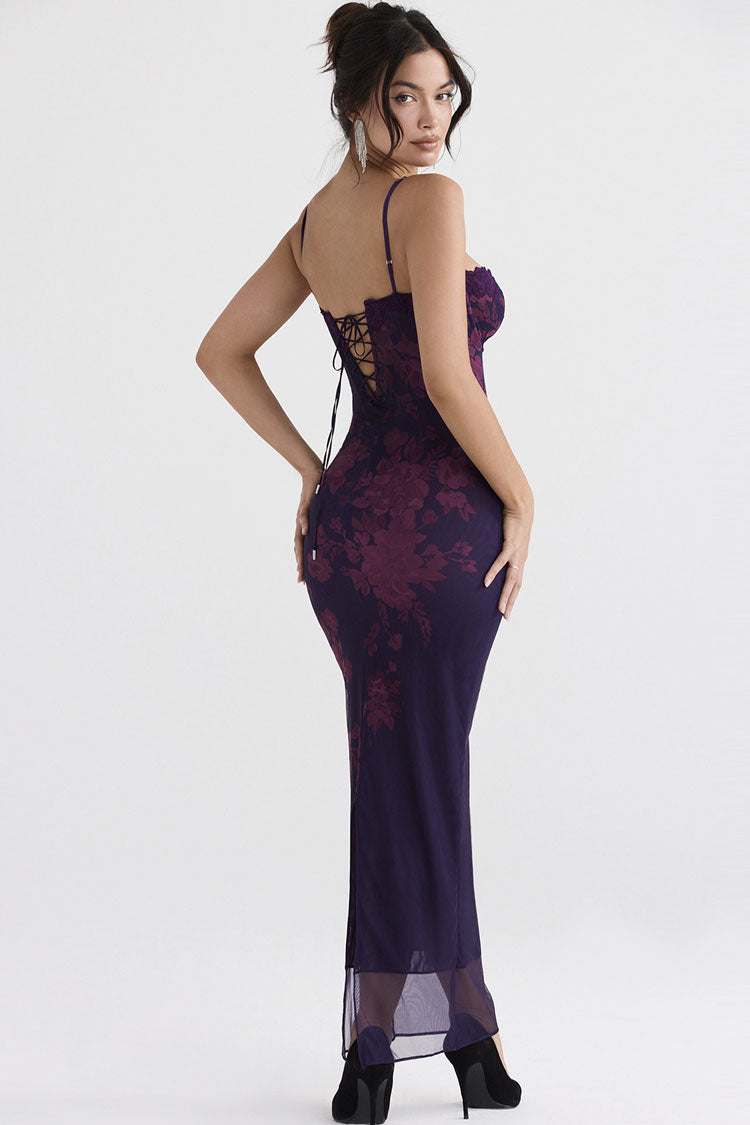 Women's Maxi Dress Floral Purple Lace Mesh 3
