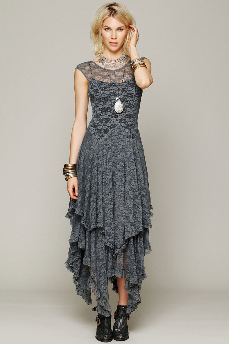 Women's Maxi Dress Gray Lace Sleeveless Asymmetric Ruffle 0