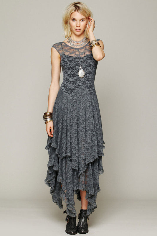 Women's Maxi Dress Gray Lace Sleeveless Asymmetric Ruffle 0