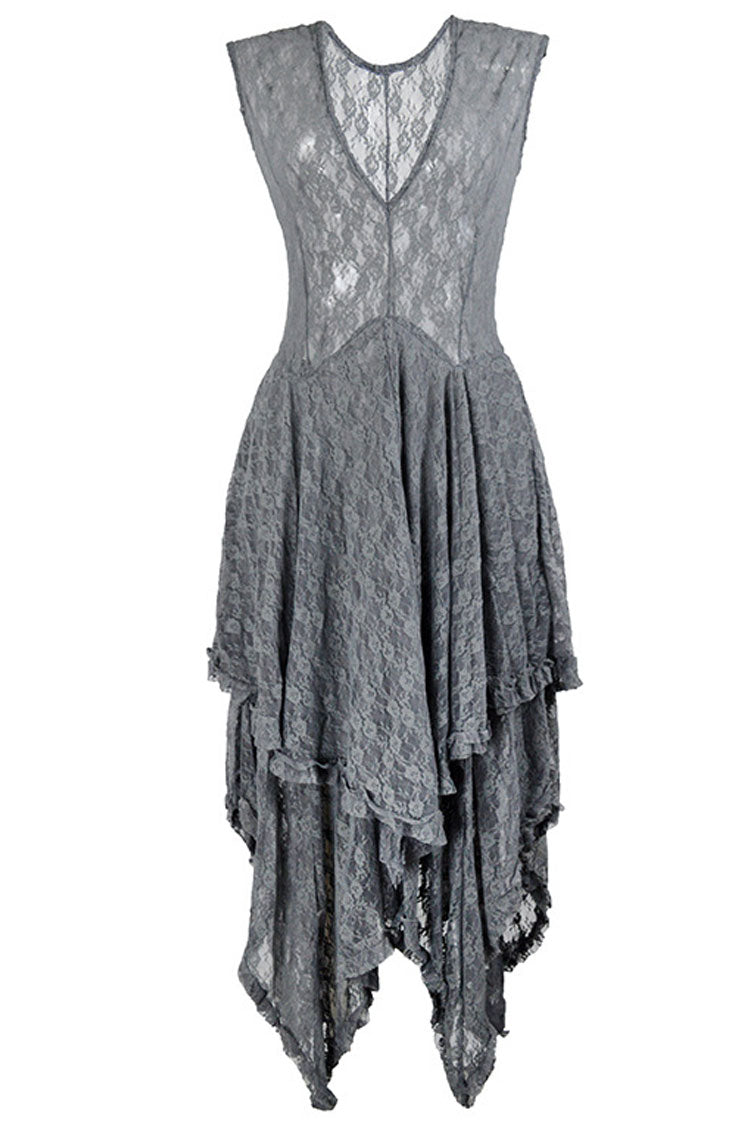Women's Maxi Dress Gray Lace Sleeveless Asymmetric Ruffle 2