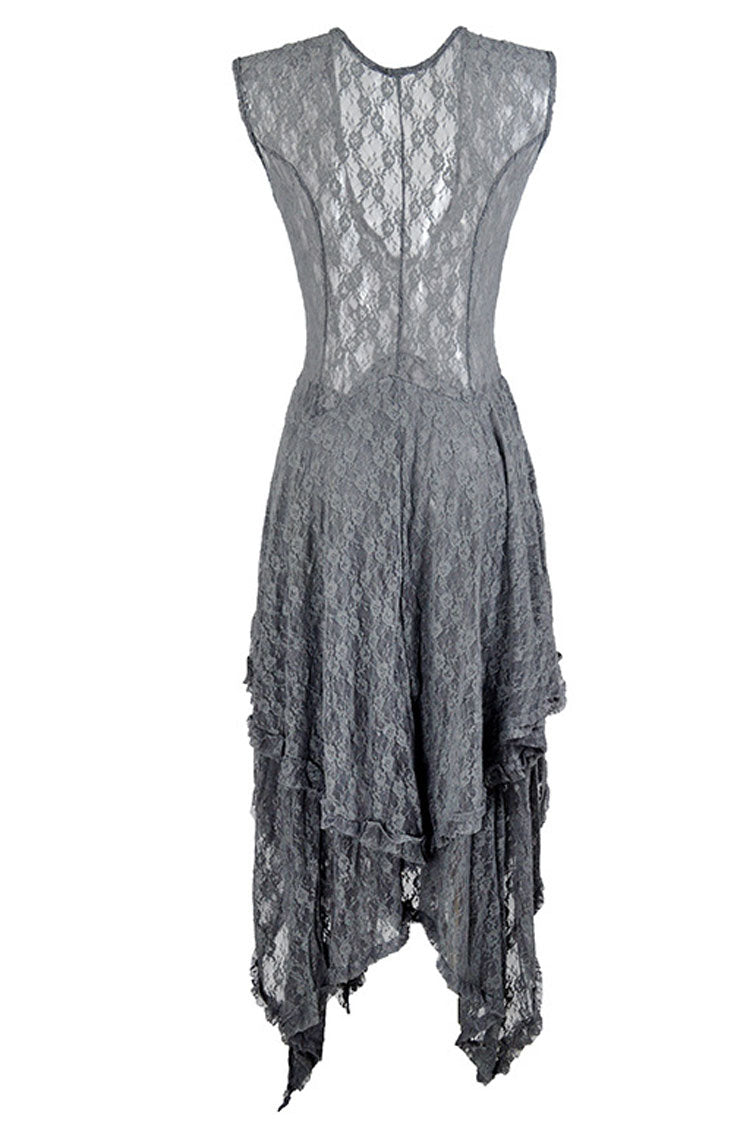 Women's Maxi Dress Gray Lace Sleeveless Asymmetric Ruffle 3