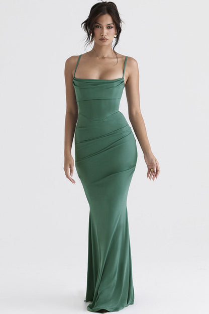 Women's Maxi Dress Green Polyester Corset Fishtail 2