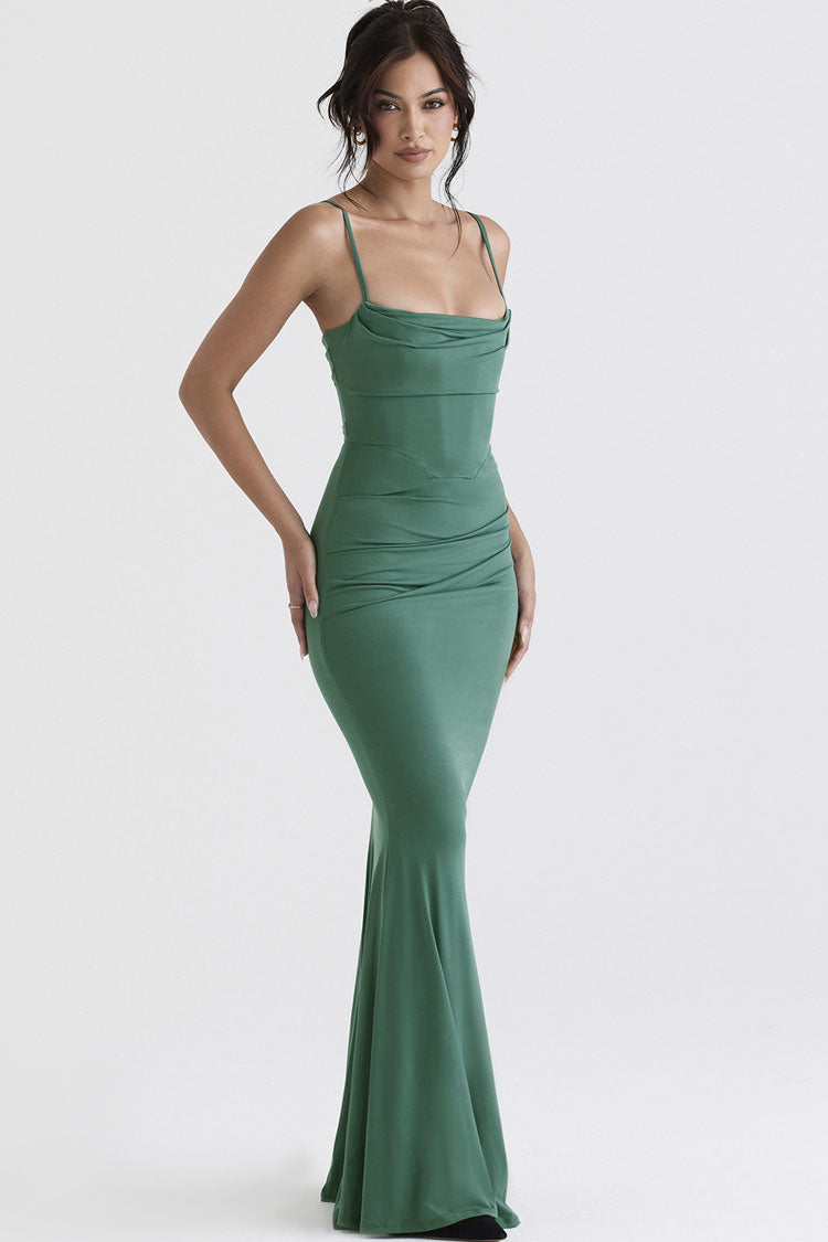 Women's Maxi Dress Green Polyester Corset Fishtail 3