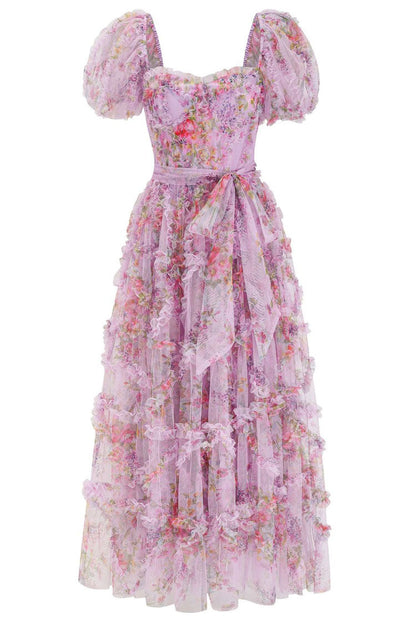 Women's Maxi Dress Purple Floral Tulle Ruffle 3