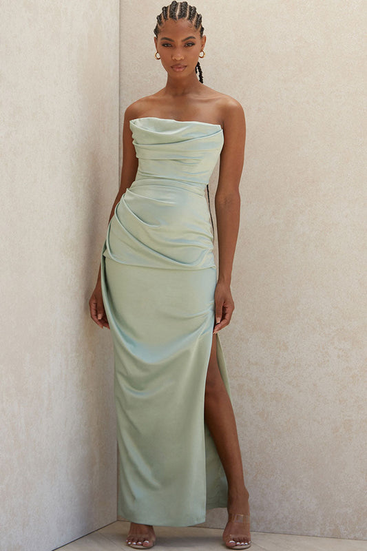 Women's Maxi Dress Sage Green Satin High Slit Strapless 0