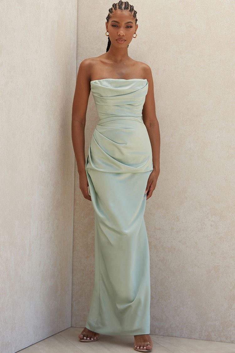 Women's Maxi Dress Sage Green Satin High Slit Strapless 3