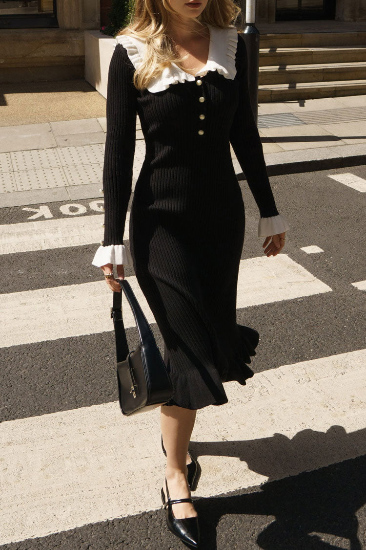 Women's Midi Dress Black Knit Peter Pan Collar