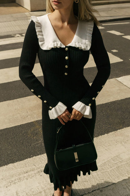 Women's Midi Dress Black Knit Peter Pan Collar