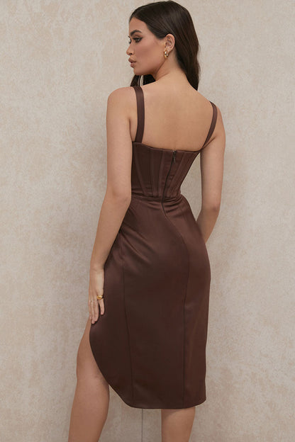 Women's Midi Dress Coffee Satin Deep V Cocktail Dress 3