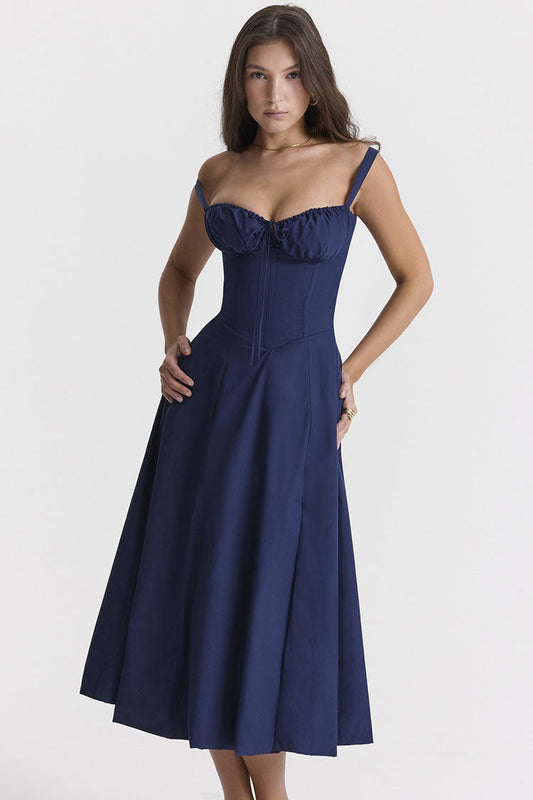 Women's Midi Dress Navy Blue Cotton Fit & Flare Summer Dress