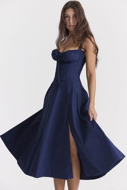 Women's Midi Dress Navy Blue Cotton Fit & Flare Summer Dress