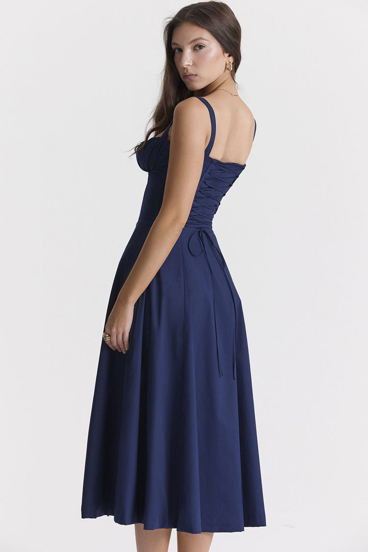 Women's Midi Dress Navy Blue Cotton Fit & Flare Summer Dress