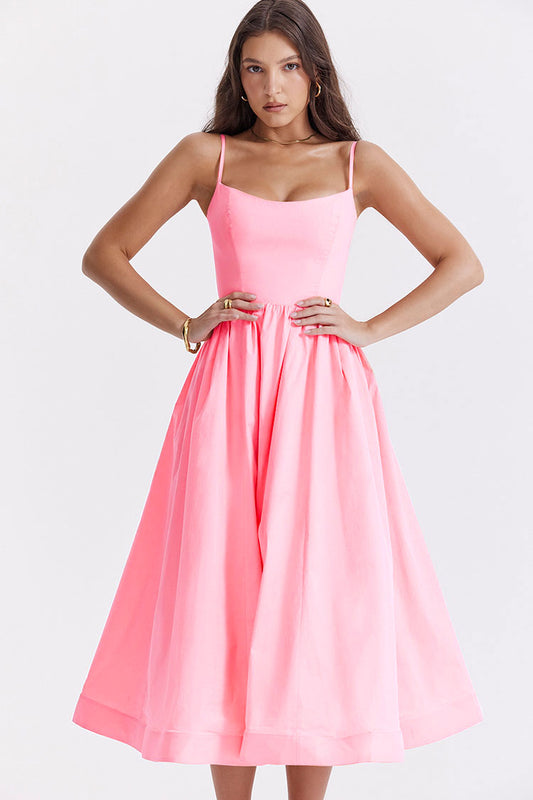 Women's Midi Dress Pink Cotton Spaghetti Strap Summer Dress