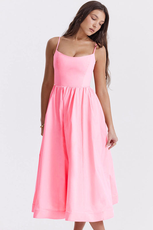 Women's Midi Dress Pink Cotton Spaghetti Strap Summer Dress
