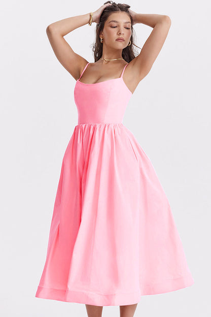 Women's Midi Dress Pink Cotton Spaghetti Strap Summer Dress