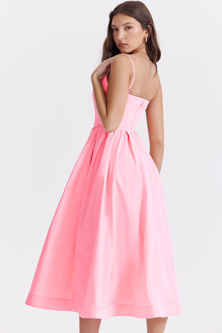 Women's Midi Dress Pink Cotton Spaghetti Strap Summer Dress
