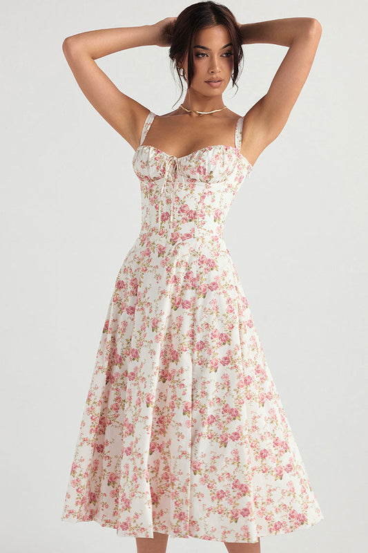 Women's Midi Dress Pink Floral Cotton Summer Dress 1