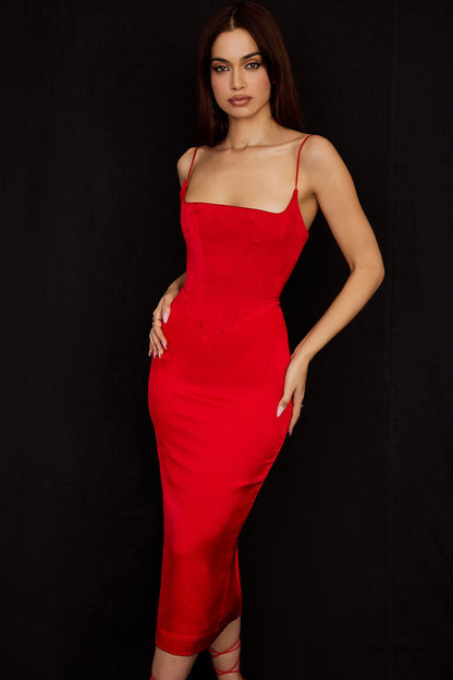 Women's Midi Dress Red Silky Satin Cocktail 2