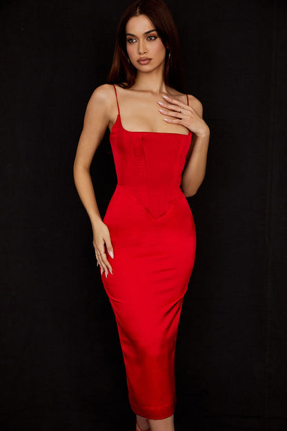 Women's Midi Dress Red Silky Satin Cocktail 3