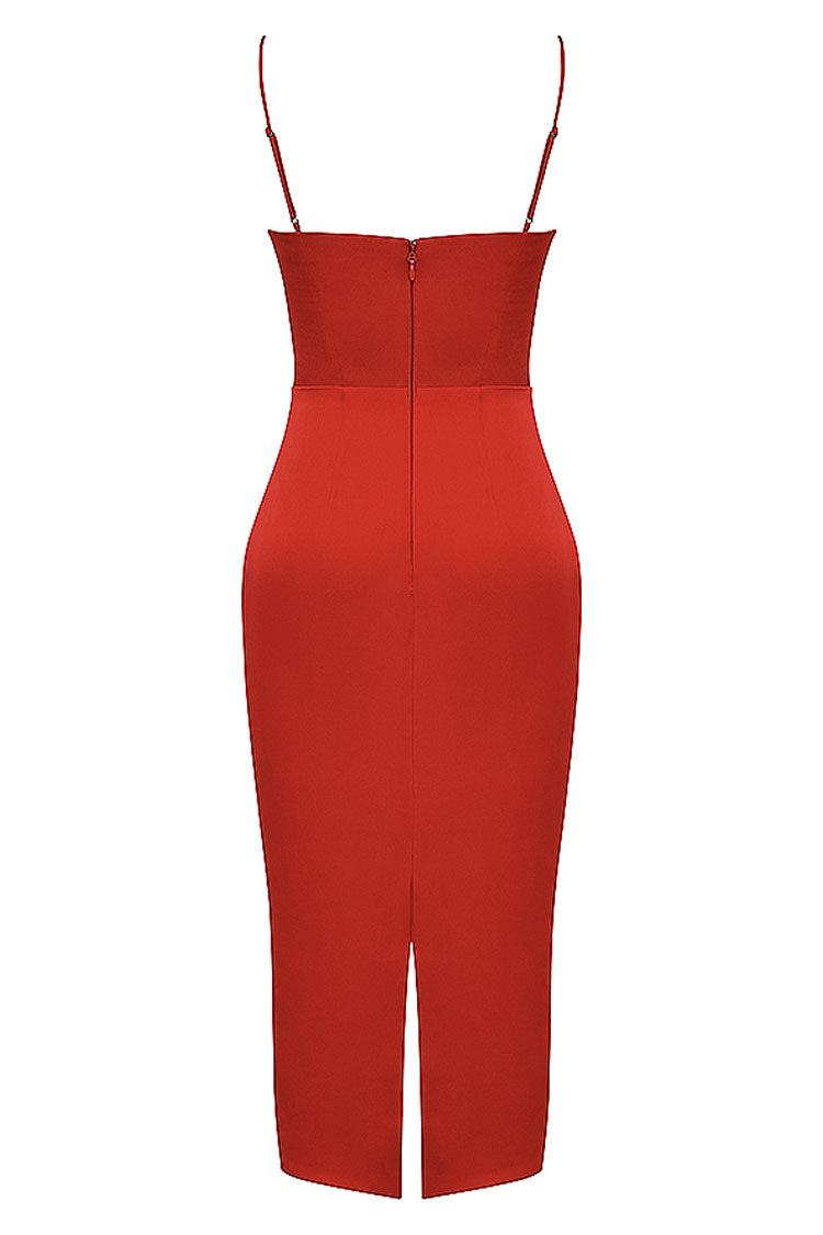 Women's Midi Dress Red Silky Satin Cocktail 5