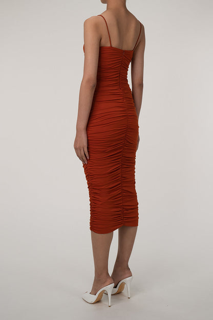 Women's Midi Dress Rust High-Stretch Fabric Cocktail 2