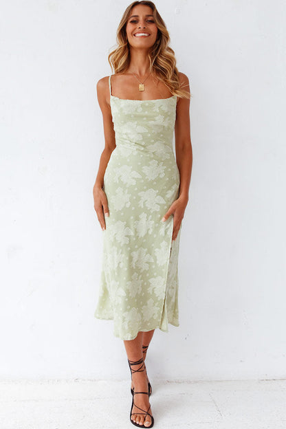 Women's Midi Dress Sage Green Cotton Floral Cowl Neck 0